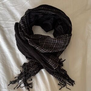 Black and Gray Checkered Scarf with Silver Accents and tassels